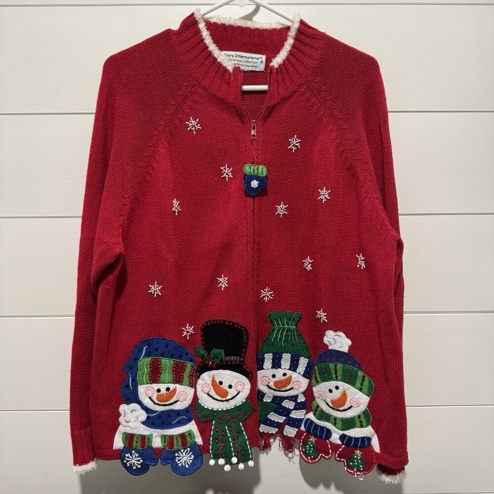 Vintage Tiara International Sweater XL Ugly Christmas Zip Beaded‎ Embellished